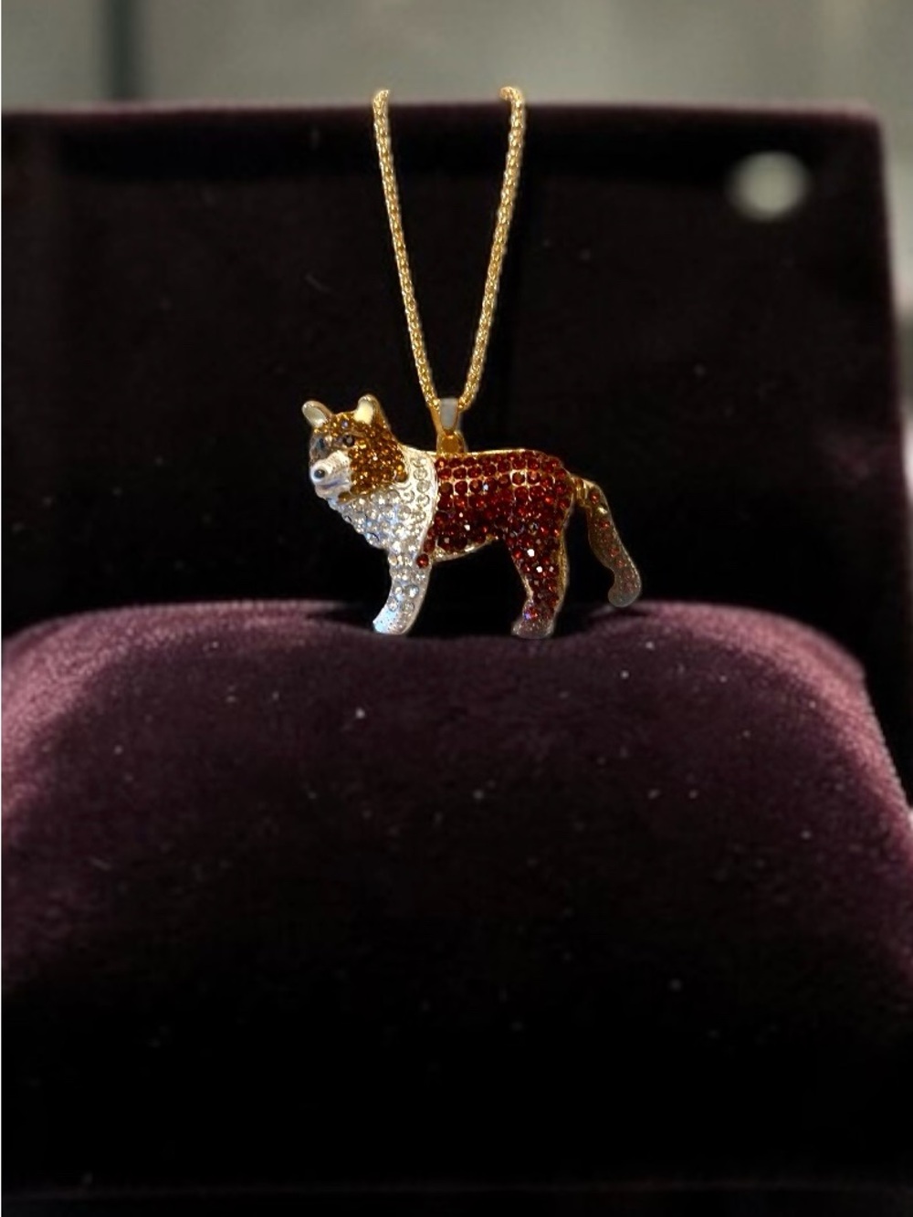 Gold-tone Red and White Crystal Dog Pendant Necklace. Articulating Tail - Picture 2 of 2